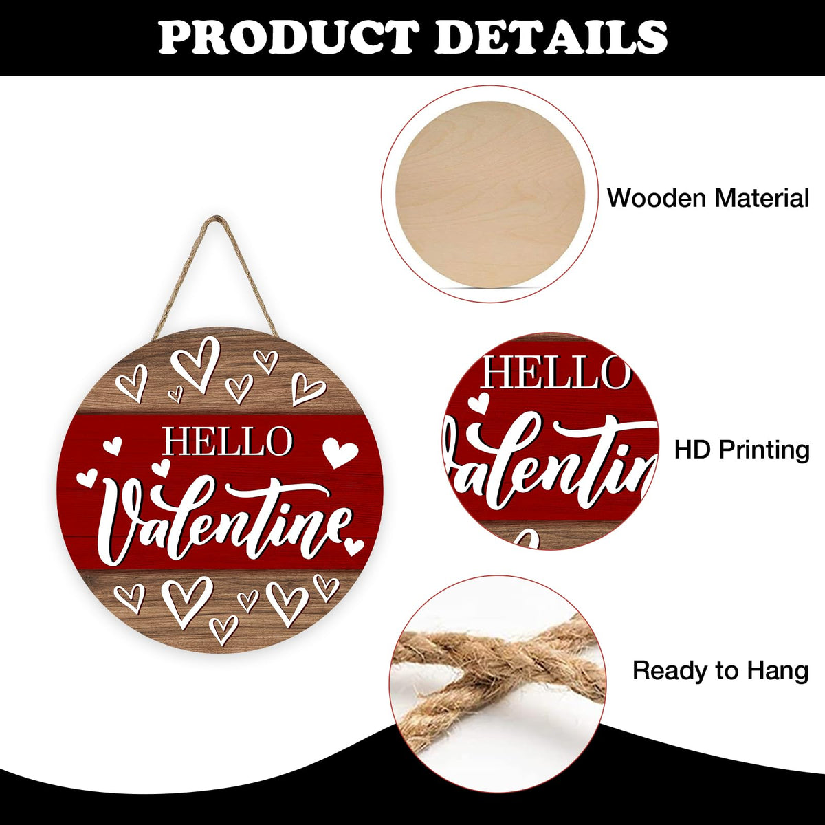 Hello Valentines Day Front Door Sign, Red Love Hearts Farmhouse Wood Hanger Outdoor Outside Porch Home Decor
