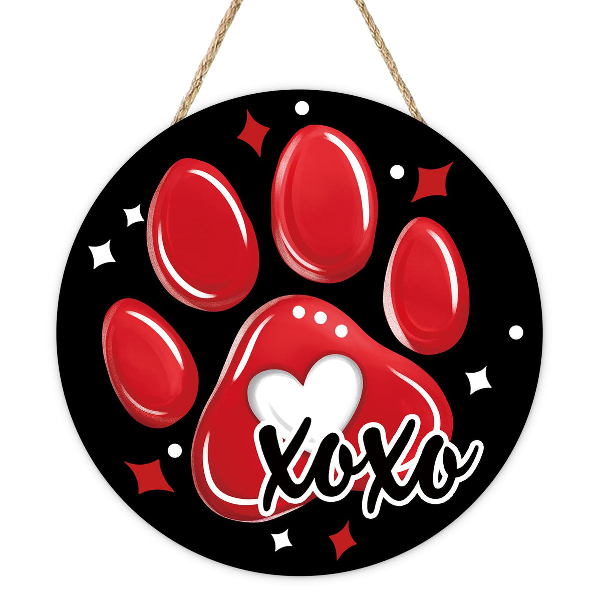 Valentines Day Dog Cat Paw Print Front Door Sign, Red Black Love Hearts Wood Hanger Outdoor Outside Porch Home Decor