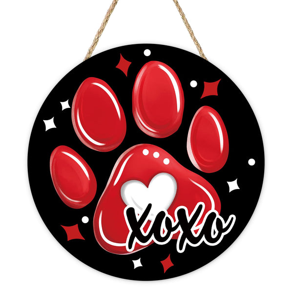 Valentines Day Dog Cat Paw Print Front Door Sign, Red Black Love Hearts Wood Hanger Outdoor Outside Porch Home Decor