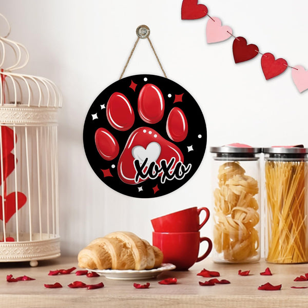 Valentines Day Dog Cat Paw Print Front Door Sign, Red Black Love Hearts Wood Hanger Outdoor Outside Porch Home Decor