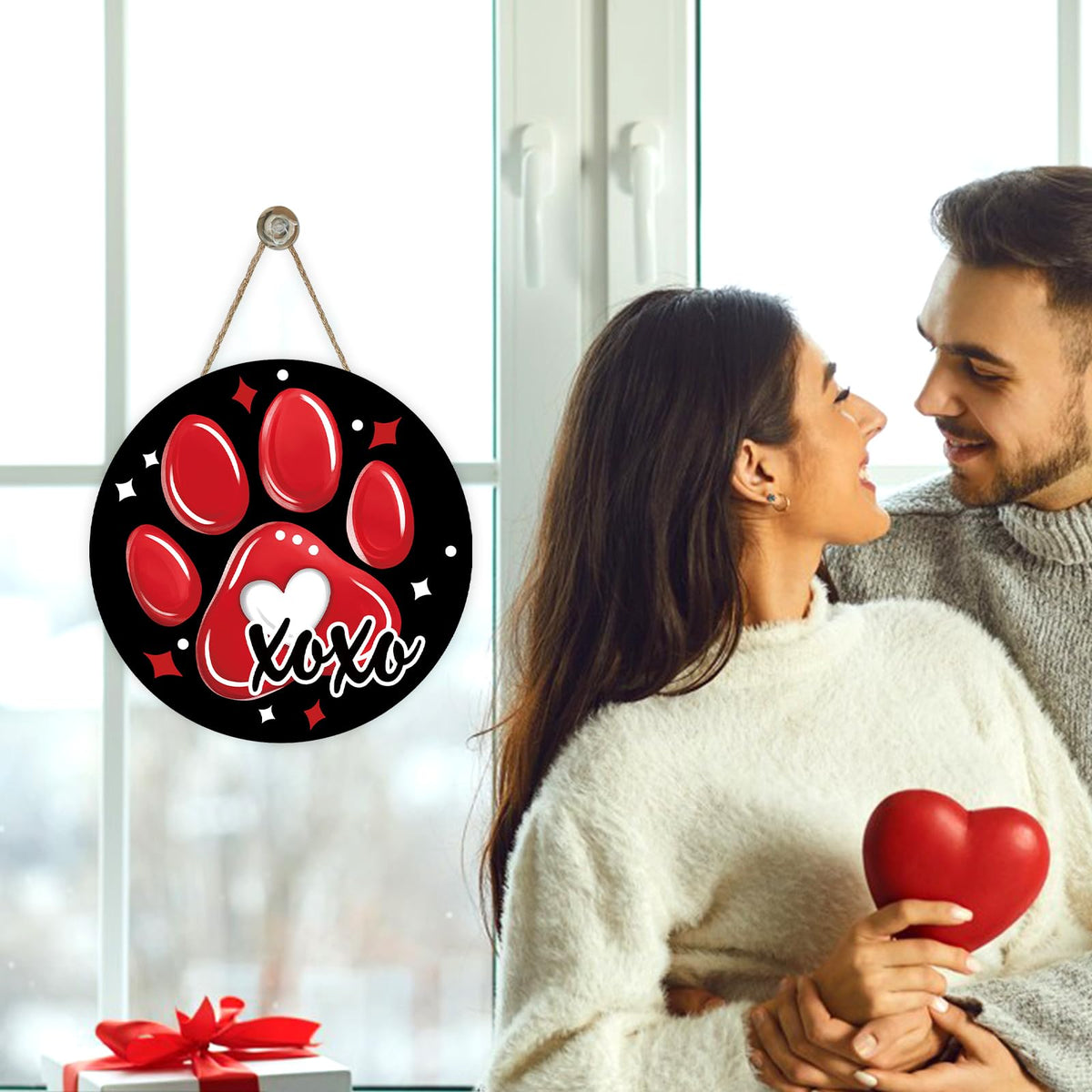Valentines Day Dog Cat Paw Print Front Door Sign, Red Black Love Hearts Wood Hanger Outdoor Outside Porch Home Decor