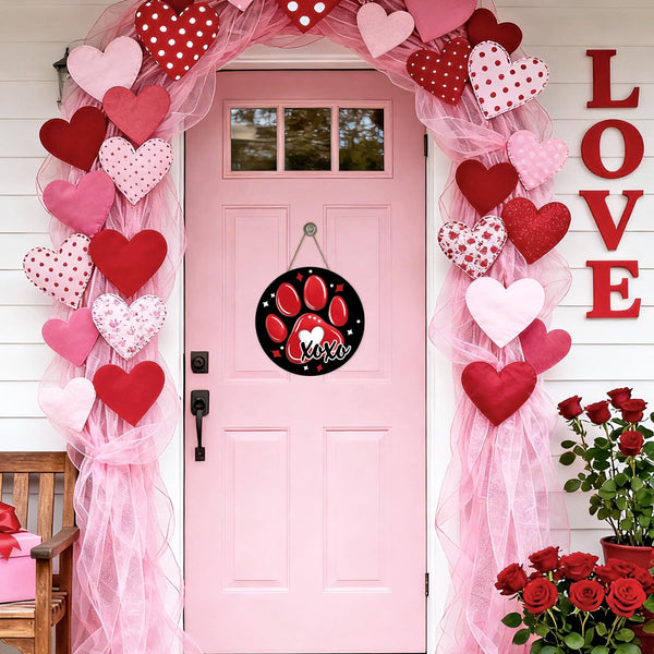 Valentines Day Dog Cat Paw Print Front Door Sign, Red Black Love Hearts Wood Hanger Outdoor Outside Porch Home Decor