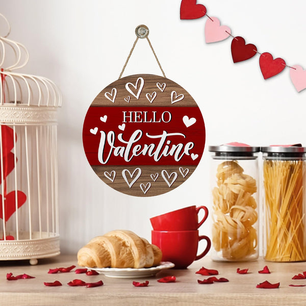 Hello Valentines Day Front Door Sign, Red Love Hearts Farmhouse Wood Hanger Outdoor Outside Porch Home Decor