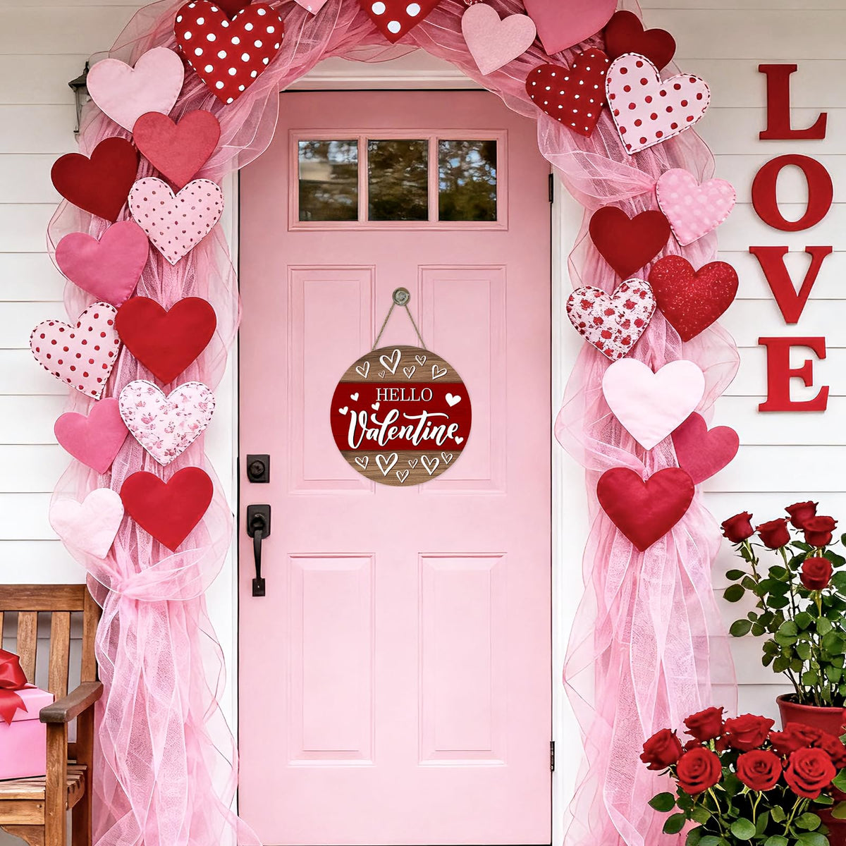 Hello Valentines Day Front Door Sign, Red Love Hearts Farmhouse Wood Hanger Outdoor Outside Porch Home Decor