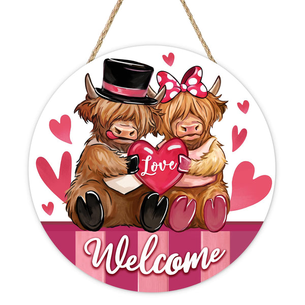 Welcome Valentines Day Highland Cow Front Door Sign, Pink Love Heart Farmhouse Wood Hanger Outdoor Porch Home Decor