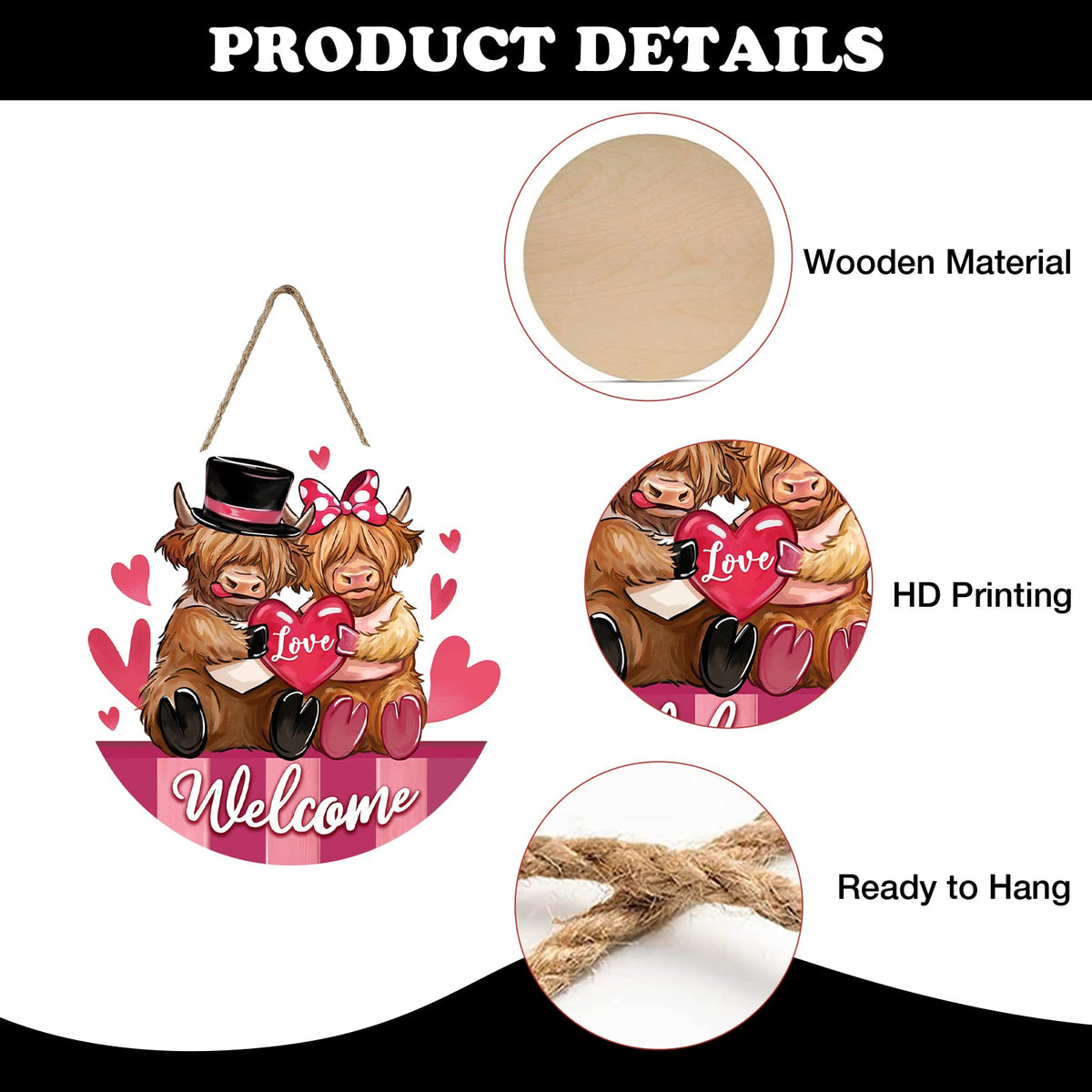 Welcome Valentines Day Highland Cow Front Door Sign, Pink Love Heart Farmhouse Wood Hanger Outdoor Porch Home Decor