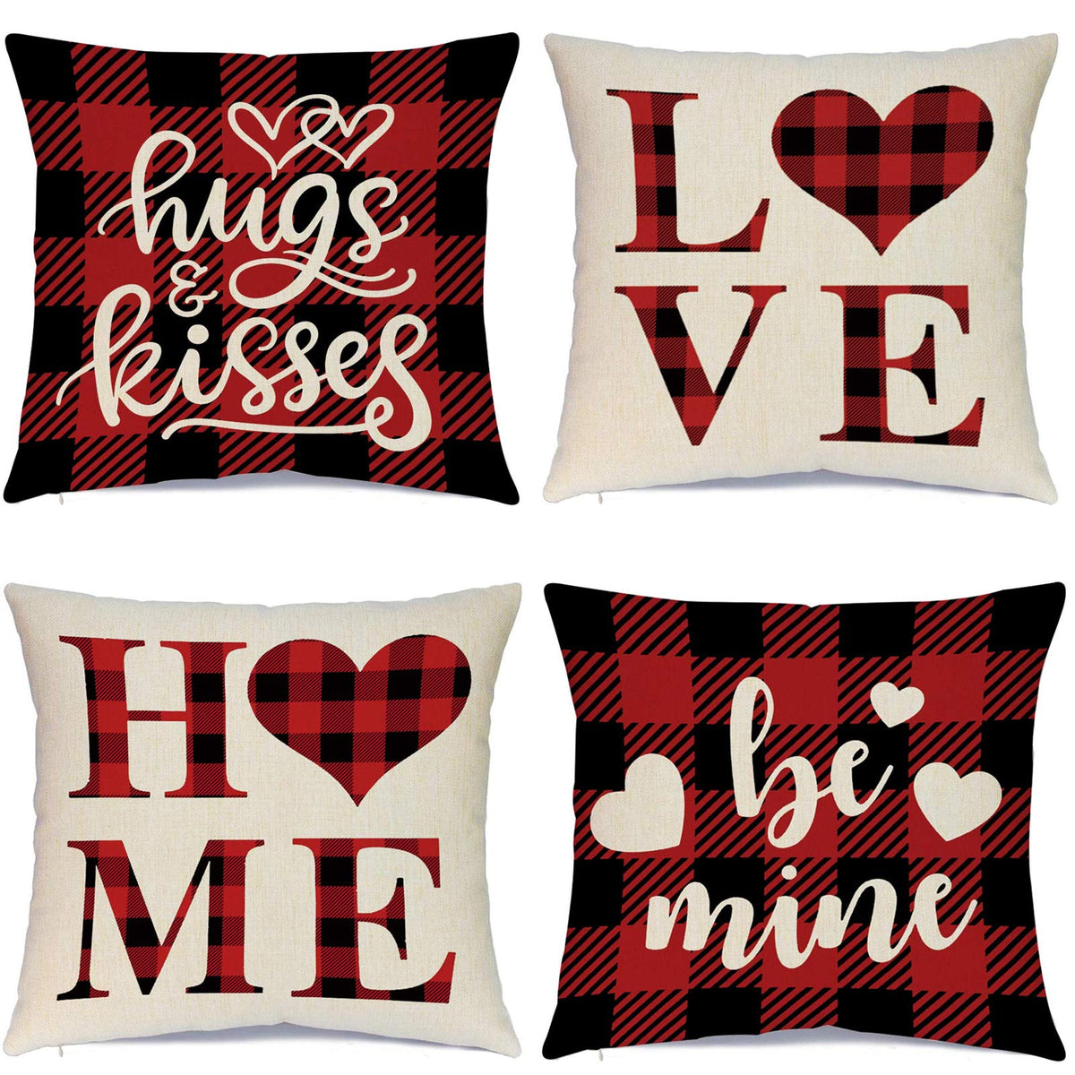Valentines Day Pillow Covers 18x18 Inch Set of 4 Buffalo Plaid Farmhouse Decoration and Heart Love