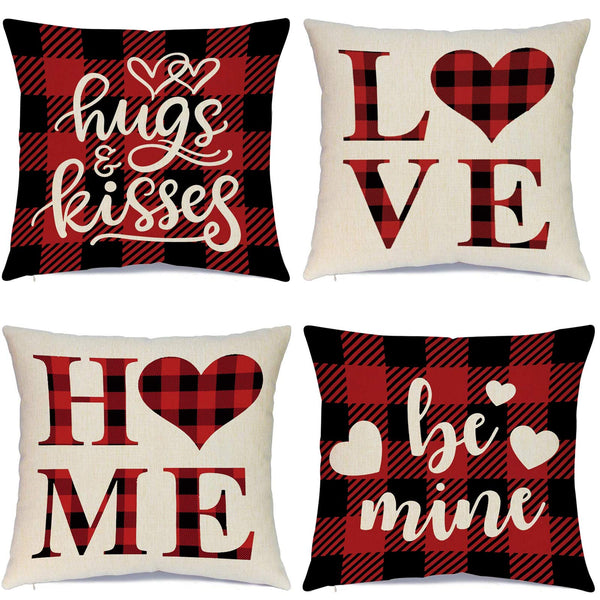Valentines Day Pillow Covers 18x18 Inch Set of 4 Buffalo Plaid Farmhouse Decoration and Heart Love
