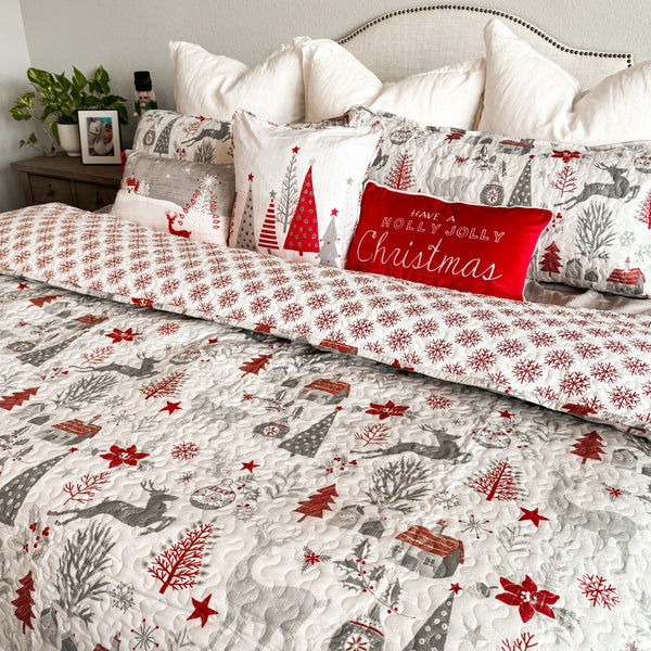 Gray/Red Microfiber Reversible Christmas Quilt Set, Holiday Bedding with Festive Pattern