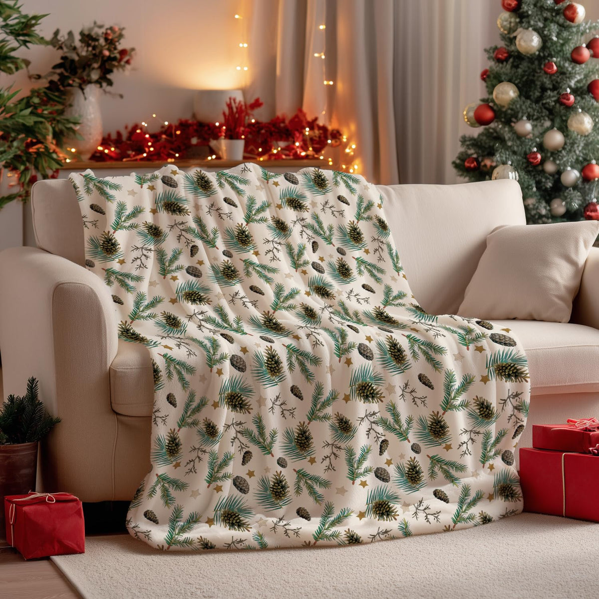 Christmas Flannel Blanket Throw, Holly Pine Cone Soft Fuzzy Plush Cozy Fleece Blankets