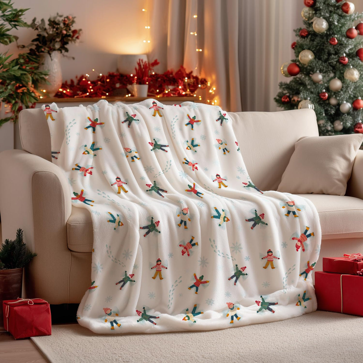 Christmas Flannel Blanket Throw, People Play in The Snow Soft Fuzzy Plush Cozy Fleece Blankets for Couch Sofa Bed