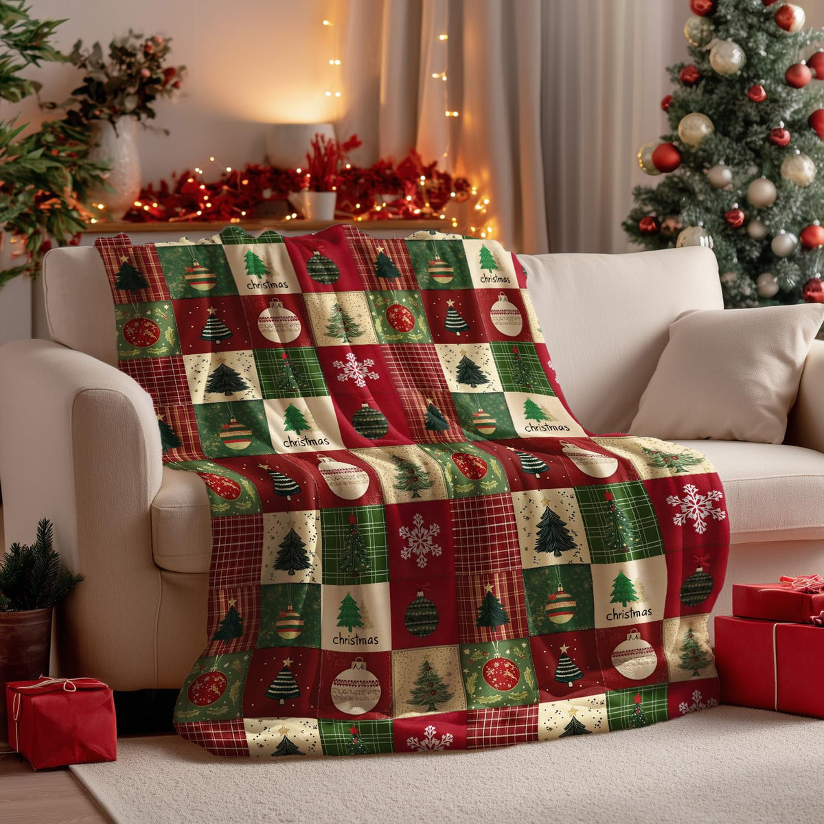 Christmas Flannel Blanket Throw, Red Green Checkered Tree Snow Ornaments Soft Fuzzy Plush Cozy Fleece Blankets