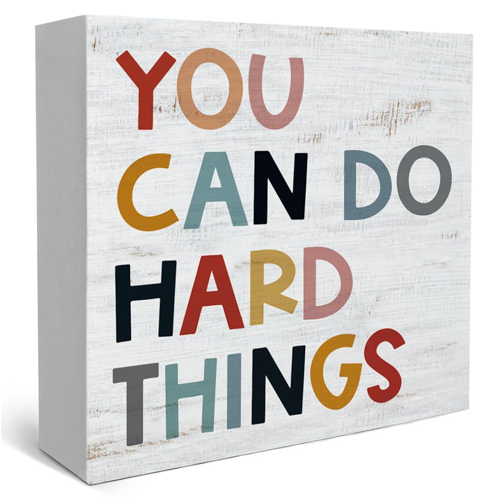 Inspirational Quote You Can Do Hard Things Wood Box Sign, Motivational Colorful Word Classroom Wall Decor