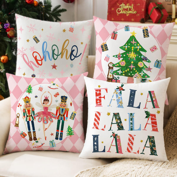 Pink Nutcracker Christmas Decor Throw Pillow Covers 18x18 Set of 4, Coquette Girly Christmas Winter Holiday Decor