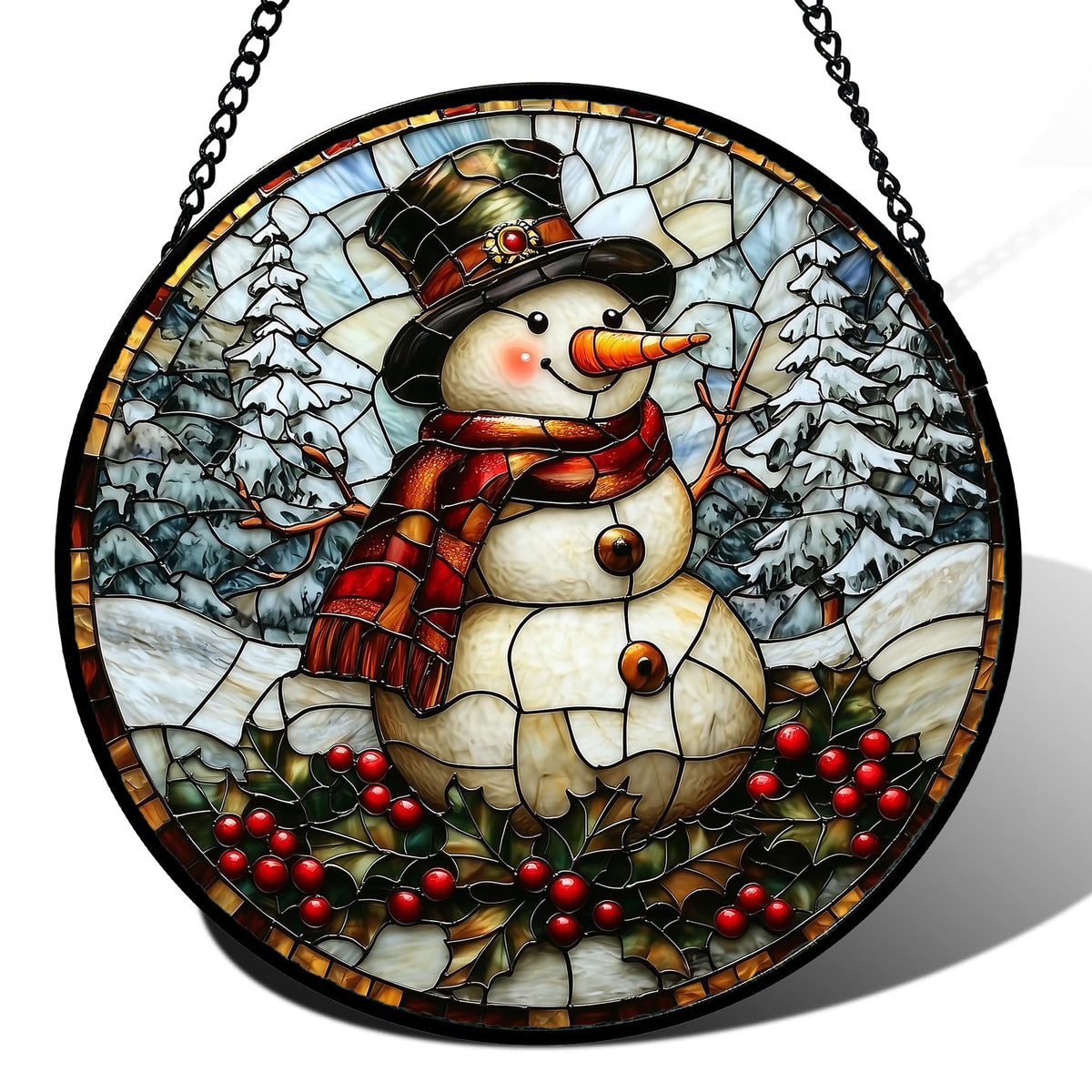 Stained Glass Window Hanging - Christmas Snowman Suncatcher for Door Terrace Garden Home Decor Winter Forest Snow Sun Catcher