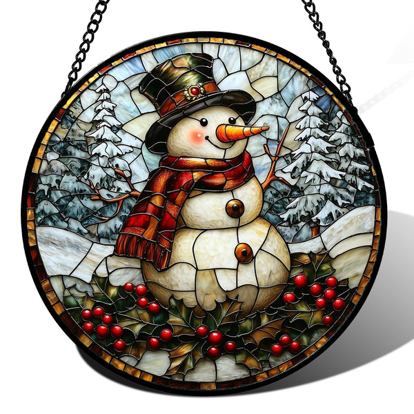 Stained Glass Window Hanging - Christmas Snowman Suncatcher for Door Terrace Garden Home Decor Winter Forest Snow Sun Catcher