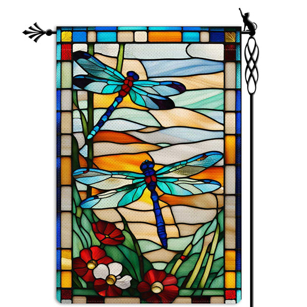 Spring Summer Dragonfly Garden Flag Glass Style Flowers Garden Flag Vertical 1-Sided