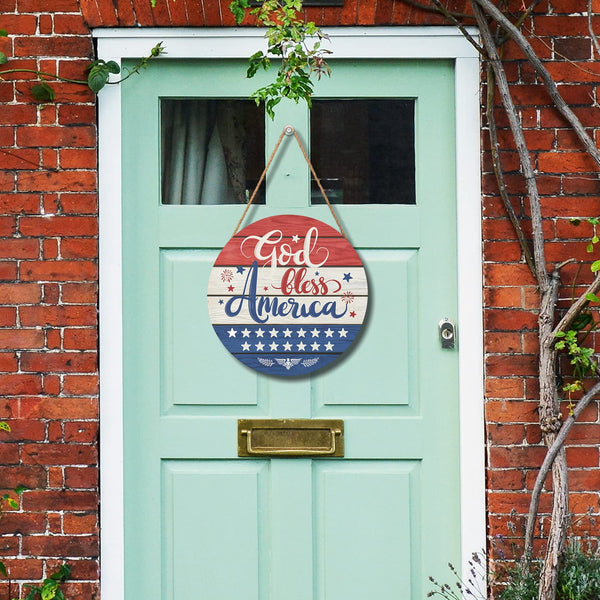 July Fourth Memorial Day Decorations Sign for Front Door Independence Day Patriotic Wreath Welcome Hanging Plaque