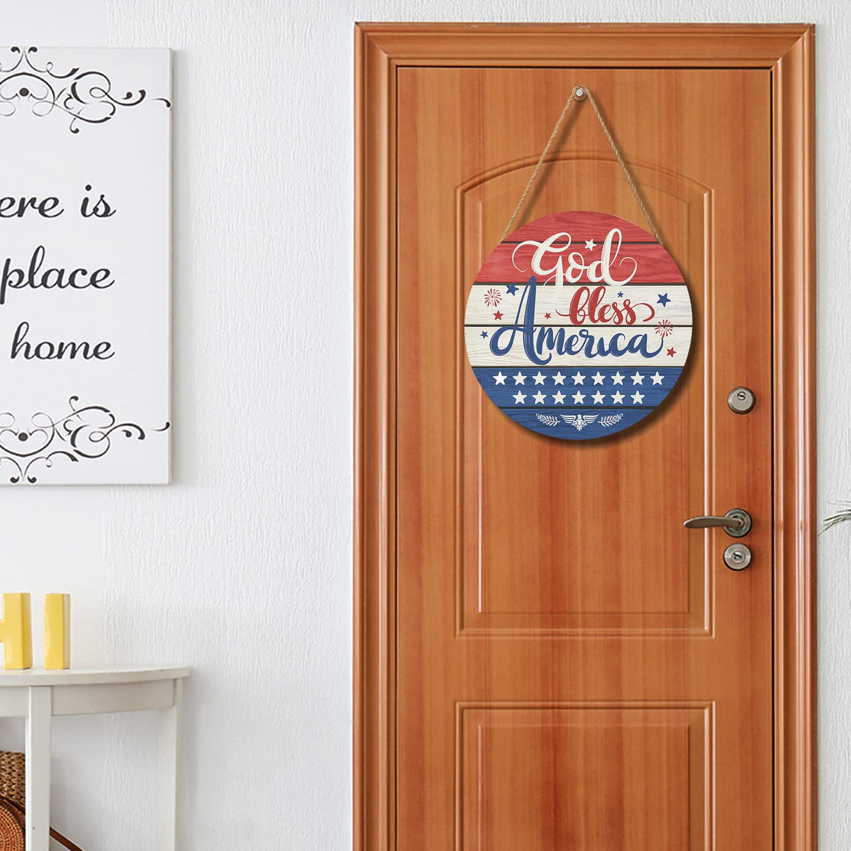 July Fourth Memorial Day Decorations Sign for Front Door Independence Day Patriotic Wreath Welcome Hanging Plaque