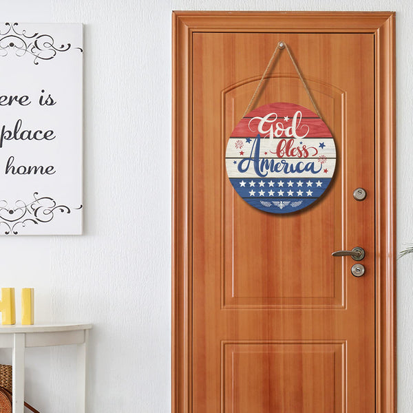 July Fourth Memorial Day Decorations Sign for Front Door Independence Day Patriotic Wreath Welcome Hanging Plaque
