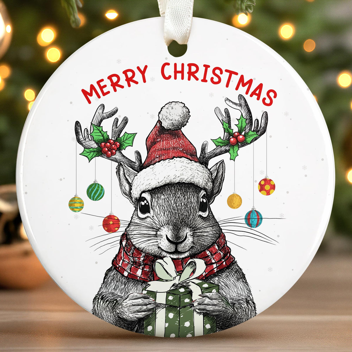 Squirrel Ornament - Squirrel Gifts for Lovers, Women, Men - Cute Funny Animals Ornaments for Christmas Tree - Round Ceramic
