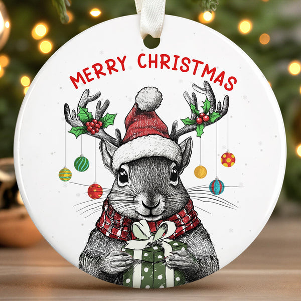 Squirrel Ornament - Squirrel Gifts for Lovers, Women, Men - Cute Funny Animals Ornaments for Christmas Tree - Round Ceramic