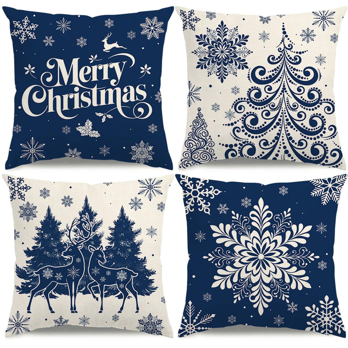 Christmas Pillow Covers 18x18 Blue Christmas Decorations Xmas Tree Snowflake Throw Pillow Covers Reindeer Set of 4