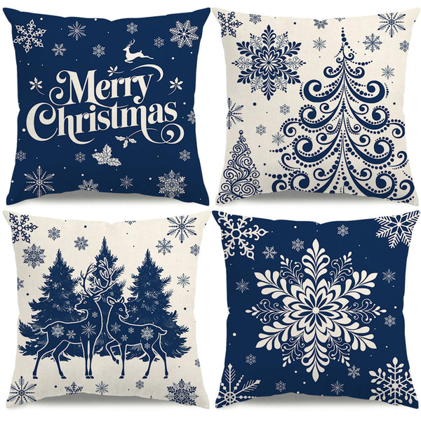 Christmas Pillow Covers 18x18 Blue Christmas Decorations Xmas Tree Snowflake Throw Pillow Covers Reindeer Set of 4