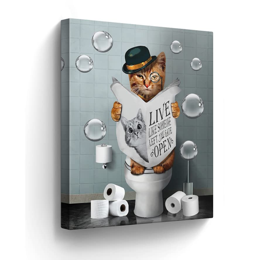 Bathroom Decor Canvas Wall Art Cute Cat Sitting in Toilet Reading Newspaper Pictures Farmhouse Animals Painting for Artwork Framed