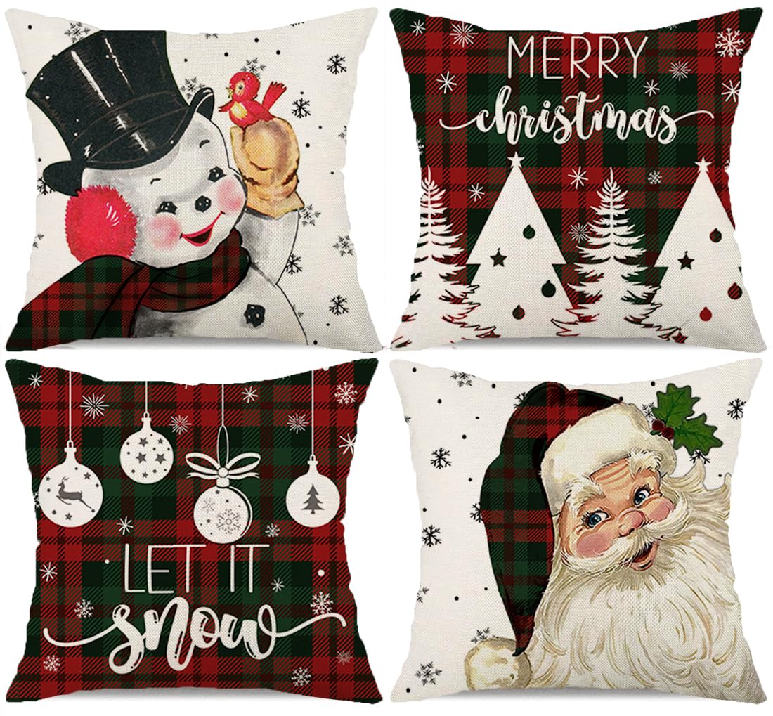 Christmas Pillow Covers 18x18 Set of 4 Santa Snowman Snowflake Farmhouse Buffalo Plaid