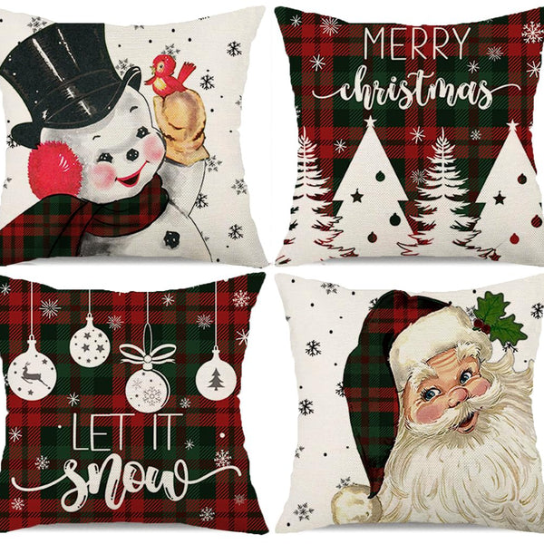 Christmas Pillow Covers 18x18 Set of 4 Santa Snowman Snowflake Farmhouse Buffalo Plaid