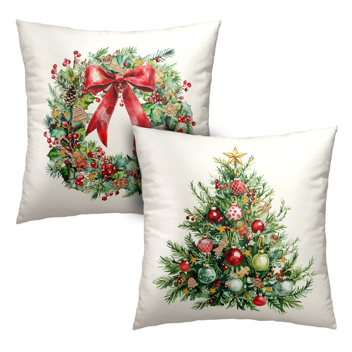 Set of 2 Christmas Tree Pillow Covers Xmas Wreath Throw Pillow Covers Red and Green Decorative Pillow Case 18x18