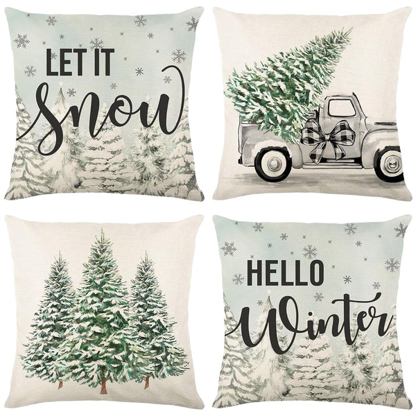 Green Christmas Pillow Covers Set of 4 for Xmas Decor Winter Holiday Throw Cushion Case
