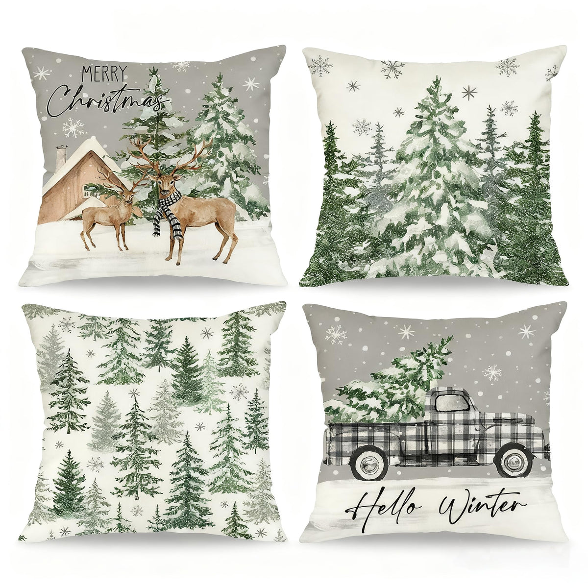 Xmas Throw Pillow Covers Set of 4, 18x18 Inch Cozy Winter Deer Cabin Snowflake Design with Hidden Zipper