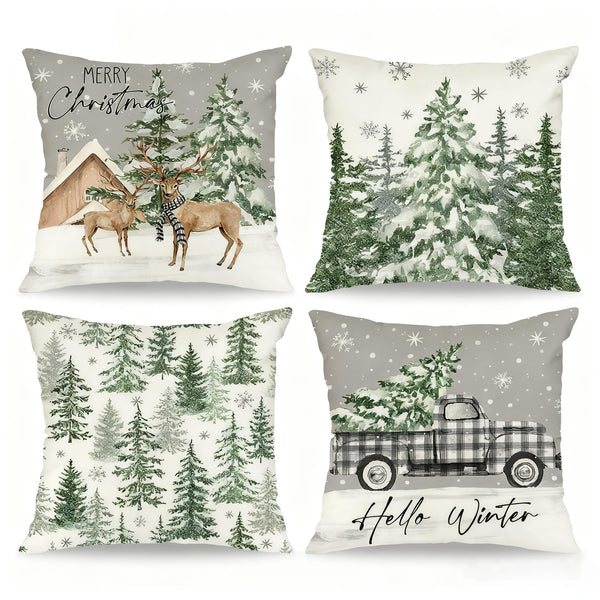 Xmas Throw Pillow Covers Set of 4, 18x18 Inch Cozy Winter Deer Cabin Snowflake Design with Hidden Zipper