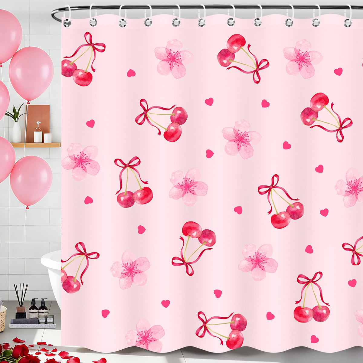 70.8"Valentines Shower Curtain, Pink Cherry Bow Shower Curtain with Floral Heart Cute Washable