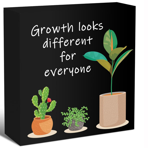Black Inspirational Wood Block Sign,Growth Looks Different for Everyone Plant Motivational Wooden Block Sign