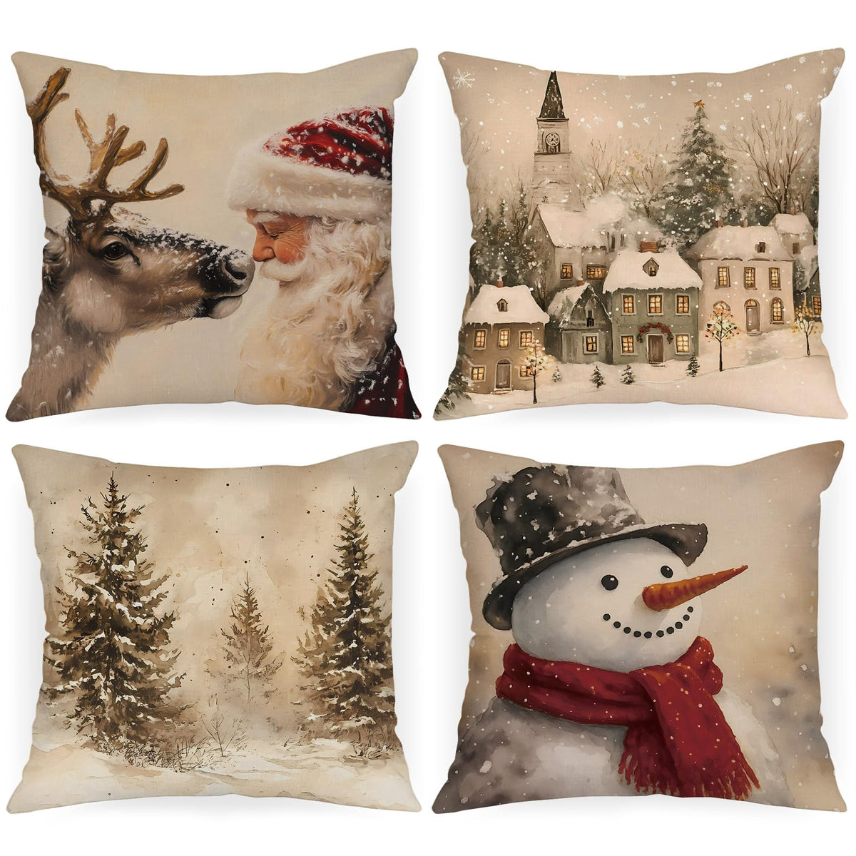 18x18 Christmas Throw Pillow Covers Set of 4, Snowman Santa Reindeer Vintage Christmas Pillow Cover