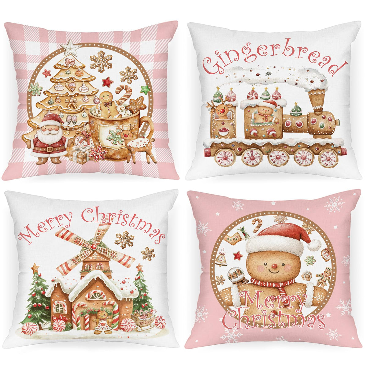 Christmas Throw Pillow Covers 18x18 Set of 4, Gingerbread Man House Pillow Cover, Pink