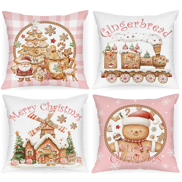 Christmas Throw Pillow Covers 18x18 Set of 4, Gingerbread Man House Pillow Cover, Pink