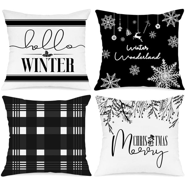 Hello Winter Merry Christmas Throw Pillow Covers 18x18 Set of 4, Decorative Black and White