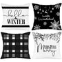 Hello Winter Merry Christmas Throw Pillow Covers 18x18 Set of 4, Decorative Black and White