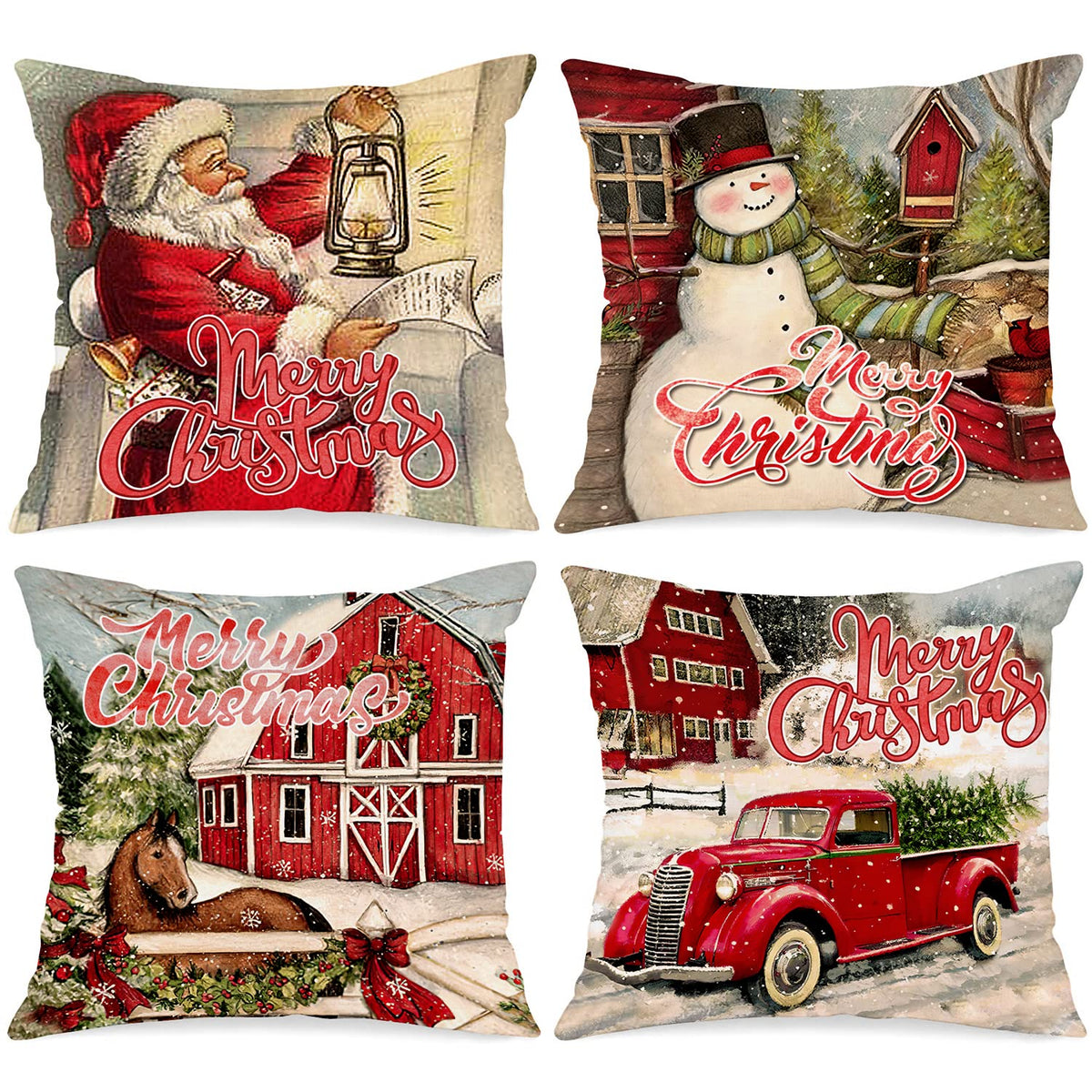 Vintage Merry Christmas Throw Pillow Covers 18x18 Set of 4, Decorative 18 inch Retro Xmas Santa