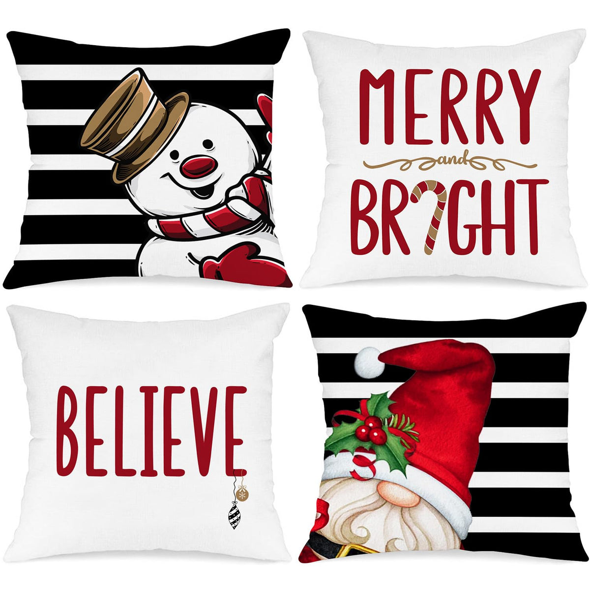 Winter Merry Christmas Throw Pillow Covers 18x18 Set of 4, Decorative Waterproof Red and Black Snowman