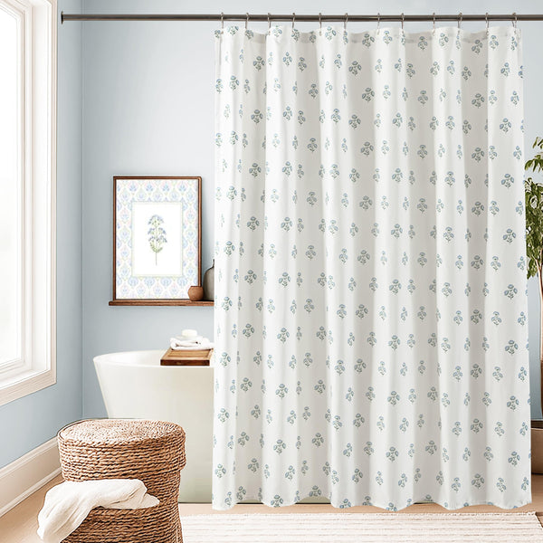 Blue and Green Boho Vintage Floral Shower Curtain, 70.8" Modern Farmhouse Light Blue White Block Print Botanical