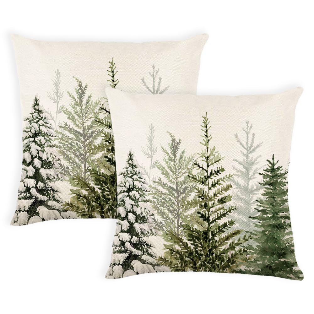 Christmas Pillow Covers 18 x 18 Inch Set of 2 Green Watercolor Christmas Tree Nature Forest Decorative Throw Pillows