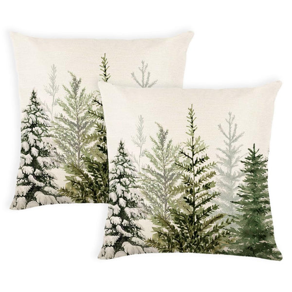 Christmas Pillow Covers 18 x 18 Inch Set of 2 Green Watercolor Christmas Tree Nature Forest Decorative Throw Pillows