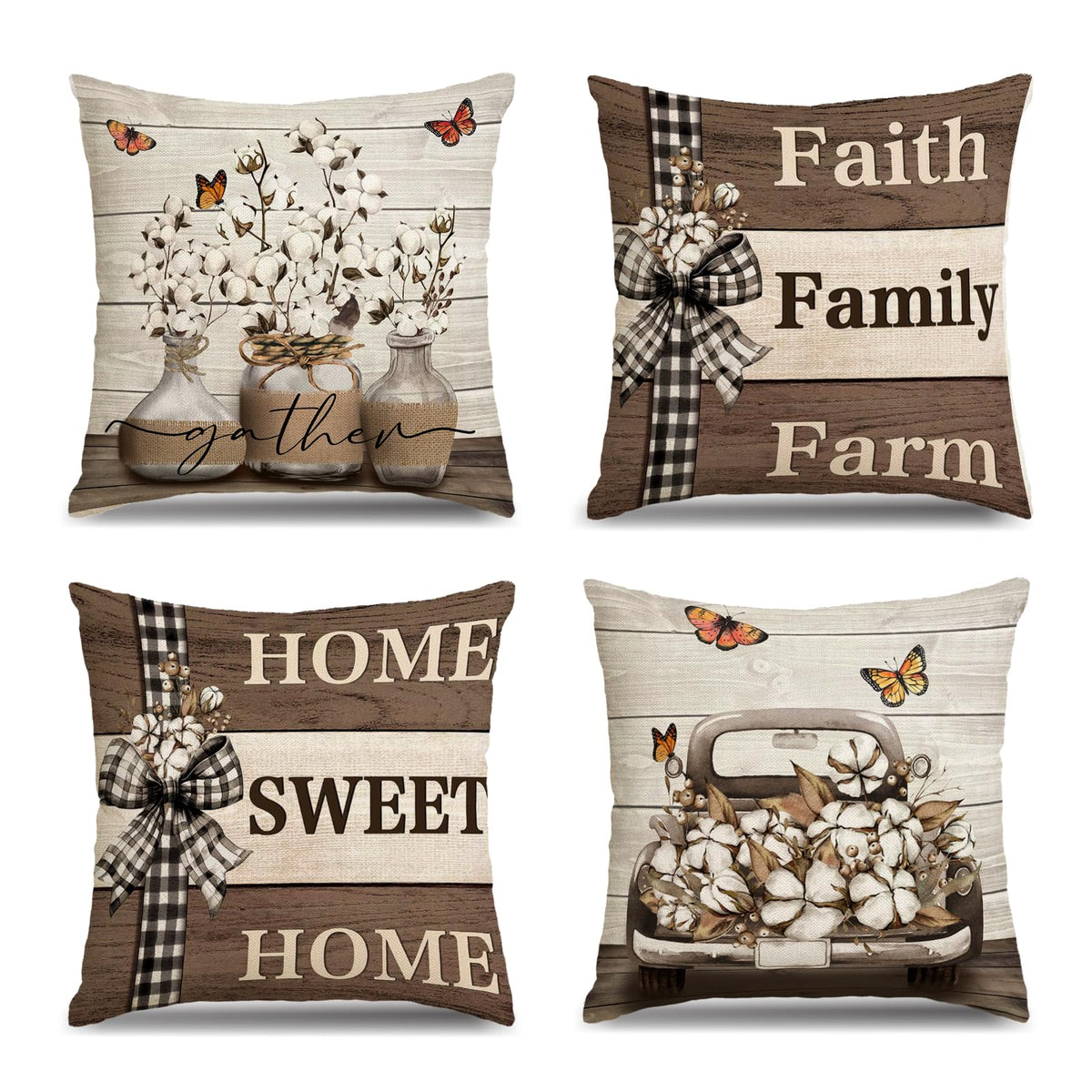 Farmhouse Pillow Covers 18x18 Inch Set of 4 Home Sweet Home Brown Throw Pillow Covers Truck Stripes Buffalo Plaid