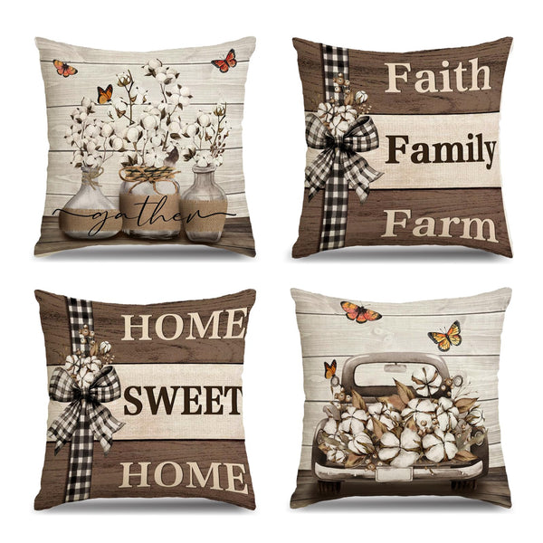 Farmhouse Pillow Covers 18x18 Inch Set of 4 Home Sweet Home Brown Throw Pillow Covers Truck Stripes Buffalo Plaid