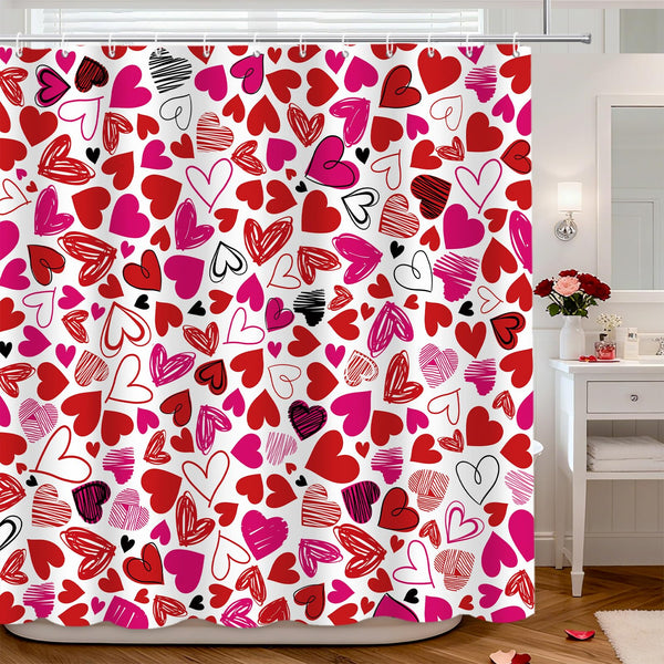 Valentines Day Shower Curtain, 70.8" Doodle Style Hearts Romantic Red Pink Black Love Bathtub Decor